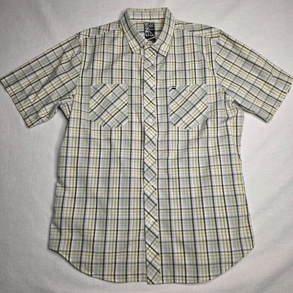 Billabong Men’s M White Olive Green Brown Blue Plaid Shirt SS Button Down